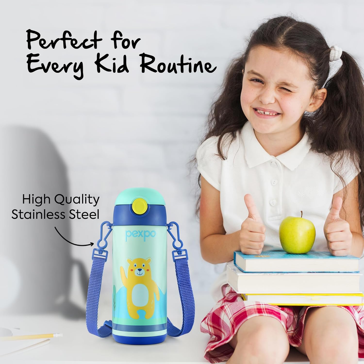 Go24 pexpo Pixy ISI Certified Stainless Steel Water Bottle for School Kids - 300ml | Hot & Cold Vacuum Insulated Flask | Leak Proof | Carry Strap | School, Picnic, Sports - Sea Green Bear - Detail View