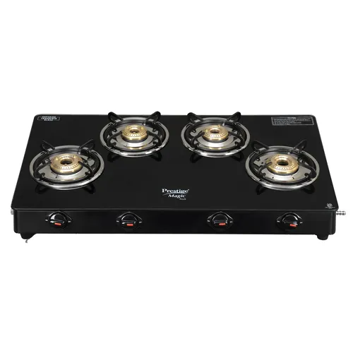 Prestige Magic plus Toughened Glass-Top(Long)4 Brass Burner LPG Gas Stove (GTMP-04L)| Black Spill Proof Design | Ergonomic Knob | Tri-Pin Burner