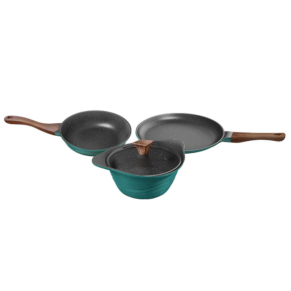 Preethi Artistic Collection Die Cast Non Stick Set , 27 cm Tawa, 24 cm Fry Pan, Kadai 24 cm With Glass Lid, 5 Star Non Stick Effect, Cook & Serve, Ocean Green