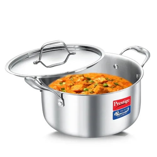 Prestige 16cm/1.5L Tri-Ply Stainless Steel Splendid Casserole| Gas and Induction Compatible |Even Heat Distribution| Thick Gauge Tri-Ply Body| Perma Cool Handles