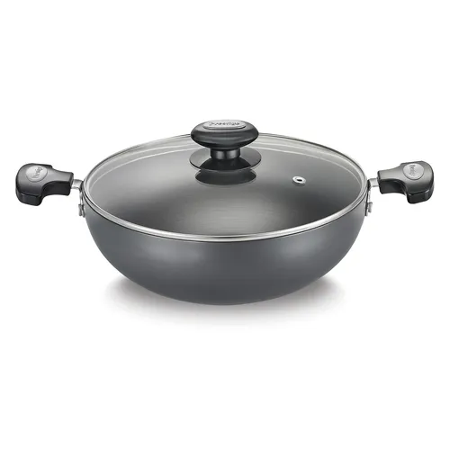 Prestige Hard Anodised Plus Gas and Induction Compatible Kadai with Glass Lid, 20 cm, Black