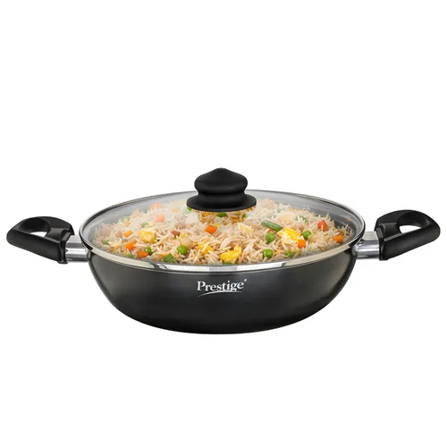 Prestige Omega Deluxe Granite Non-stick Kadai with Glass Lid, 24cm, 2.4 L (Black)
