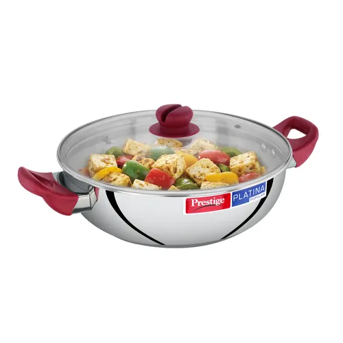 Prestige Platina Popular Stainless Steel Unique Impact Forged Bottom Kadai with Toughened Glass Lid, 28cm (4.6 L) (Silver)