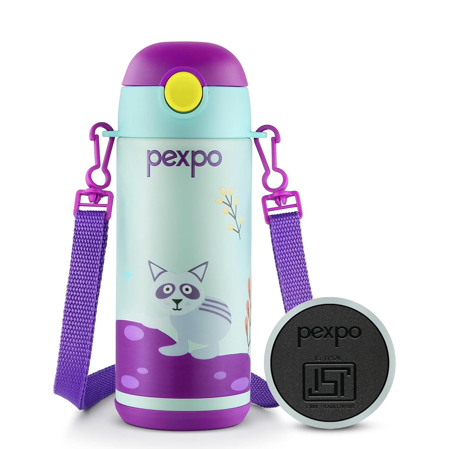 Go24 pexpo Pixy ISI Certified Stainless Steel Water Bottle for School Kids - 300ml | Hot & Cold Vacuum Insulated Flask | Leak Proof | Carry Strap | School, Picnic, Sports - Sea Green Raccoon UV Print